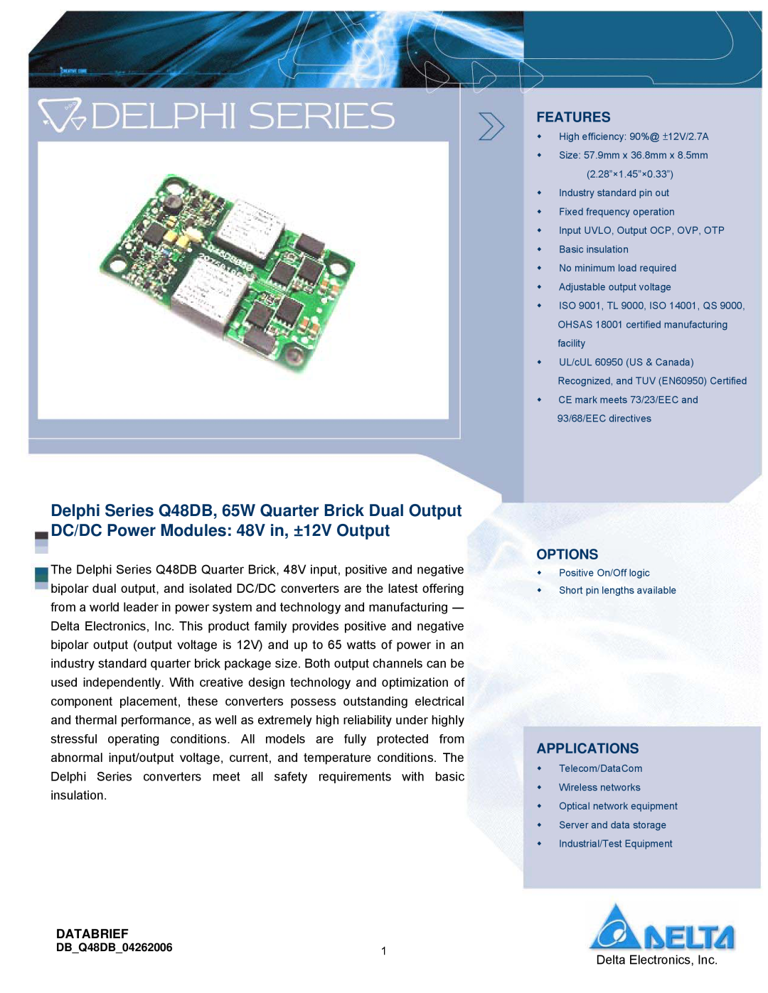 Delta Electronics Q48DB manual Features, Options, Applications, Databrief 