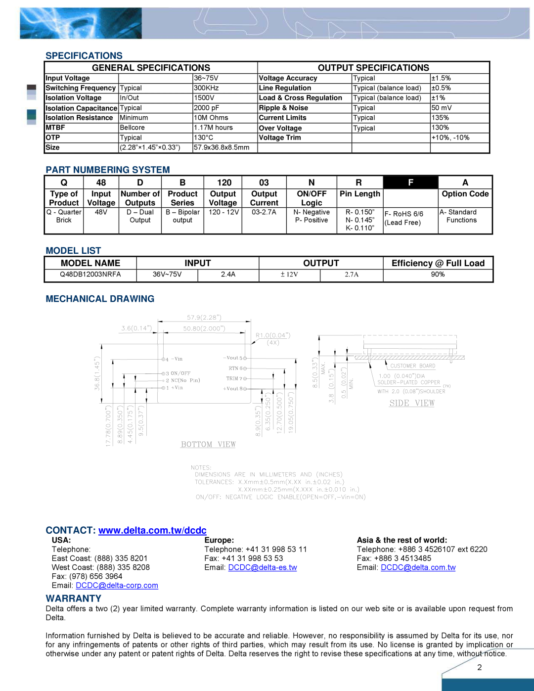 Delta Electronics Q48DB Warranty, Specifications, Part Numbering System, Model List, Mechanical Drawing, Model Name, Input 