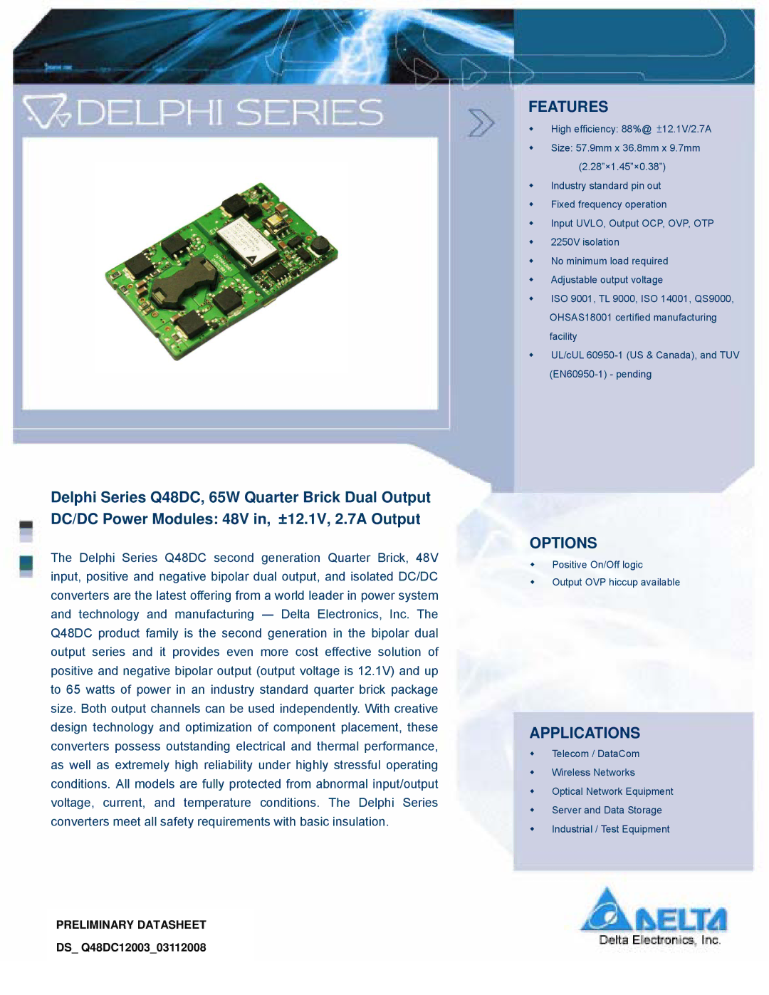 Delta Electronics Q48DC manual Options 