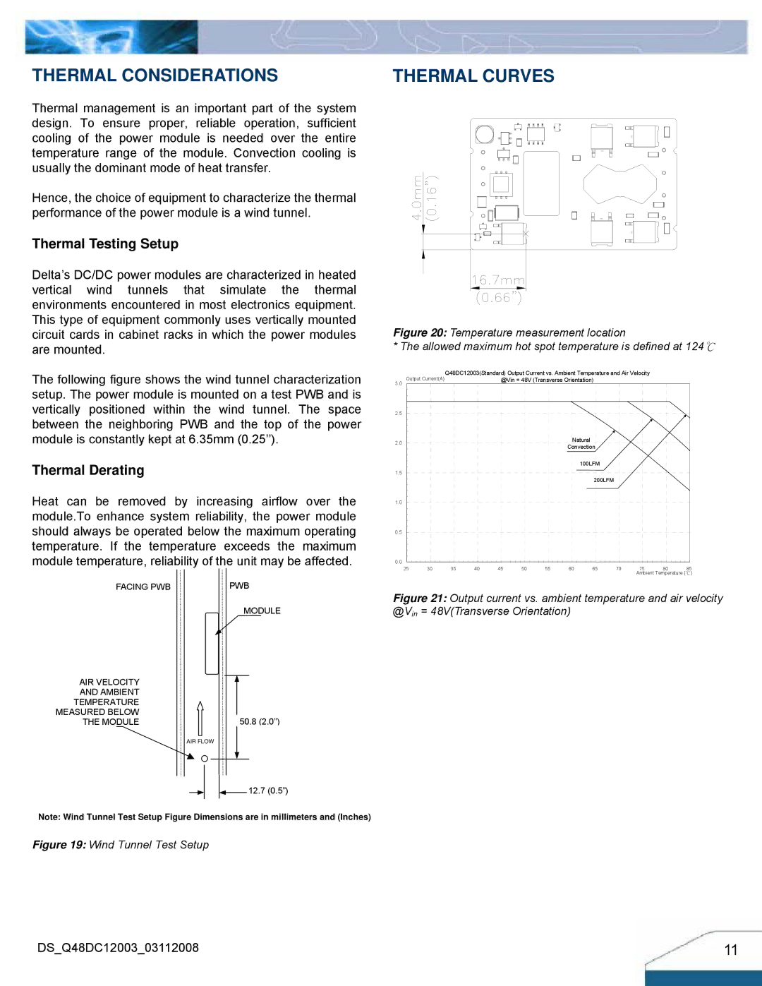 Delta Electronics Q48DC manual Thermal Considerations, Thermal Testing Setup, Thermal Derating 