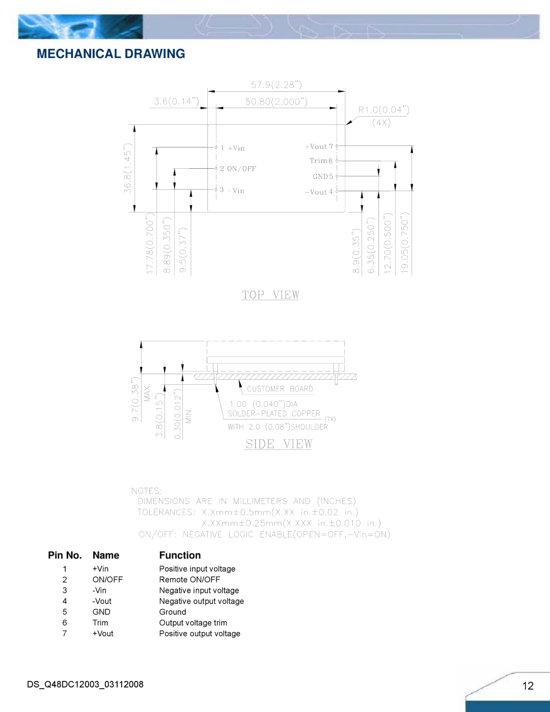 Delta Electronics Q48DC manual Mechanical Drawing, Pin No Name Function 