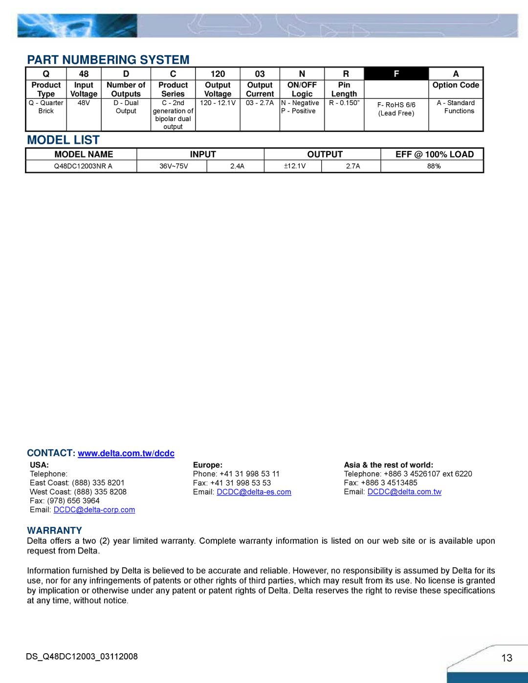 Delta Electronics Q48DC manual Part Numbering System, Model List 