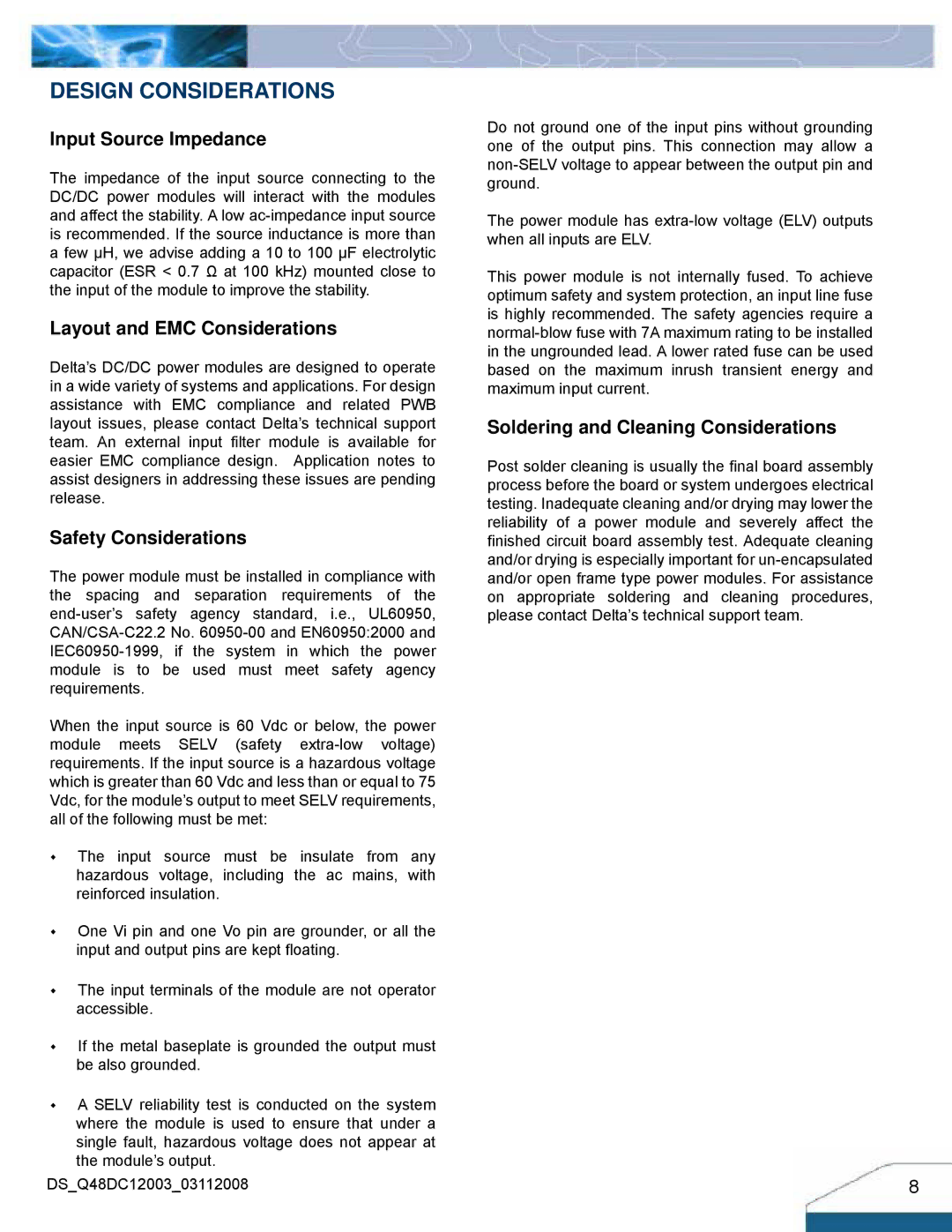 Delta Electronics Q48DC manual Design Considerations, Input Source Impedance 