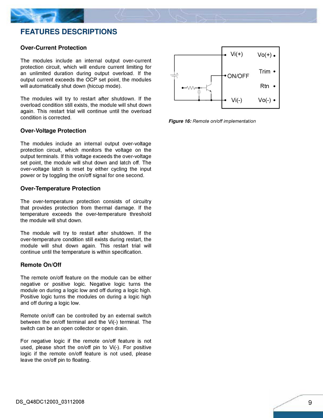 Delta Electronics Q48DC manual Features Descriptions, Over-Current Protection, Over-Voltage Protection, Remote On/Off 