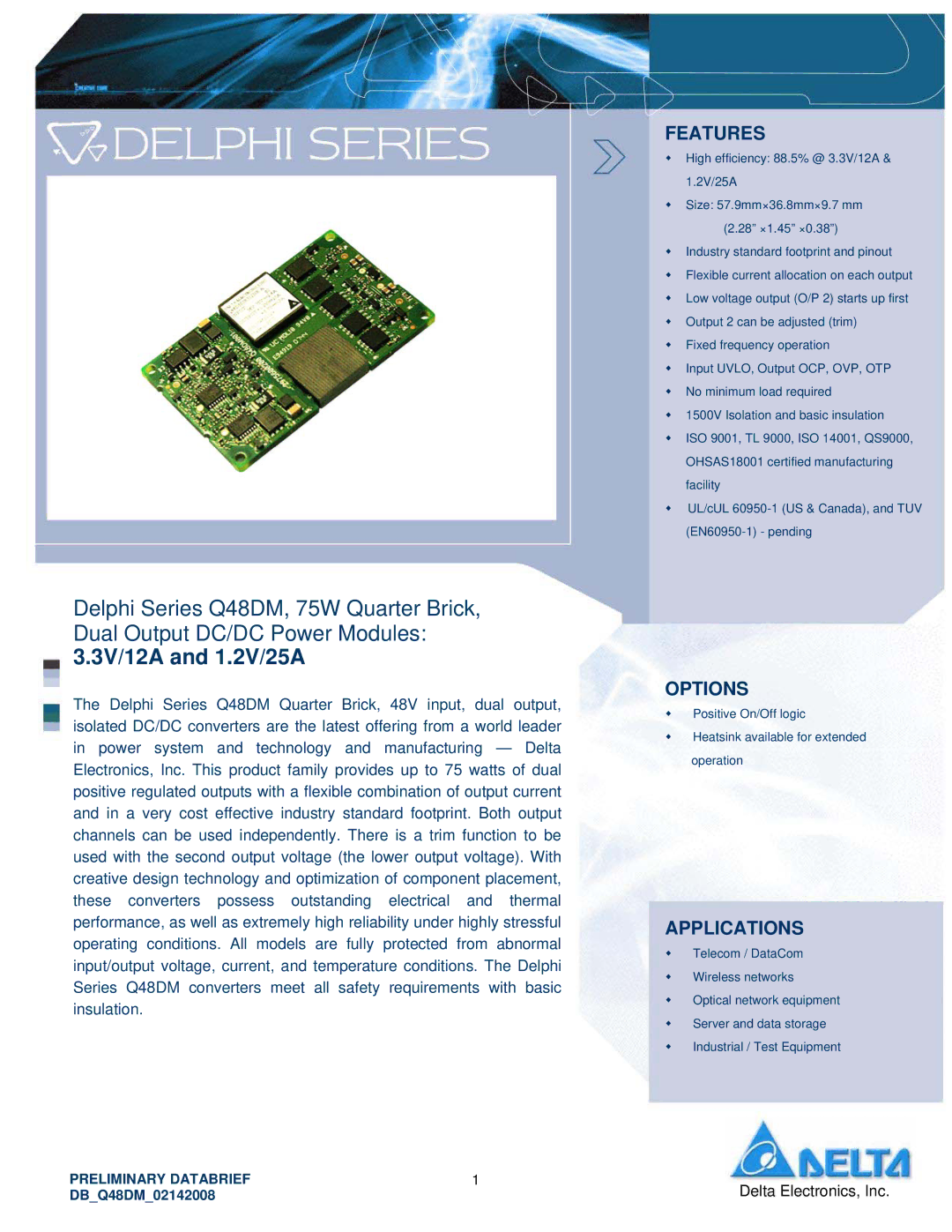 Delta Electronics Q48DM manual Features, Options, Applications 