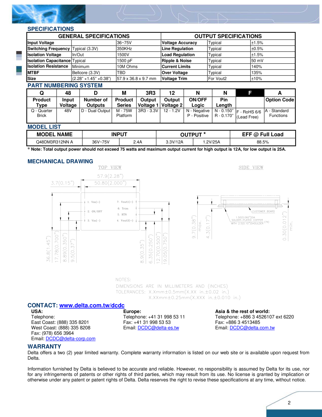 Delta Electronics Q48DM Warranty, System, Model List, Mechanical Drawing, General Specifications, Model Name, Input 
