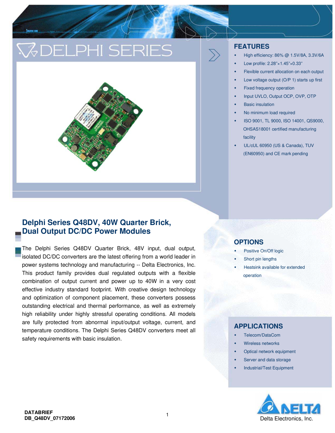 Delta Electronics Q48DV manual Features, Options, Applications, Delta Electronics, Inc 