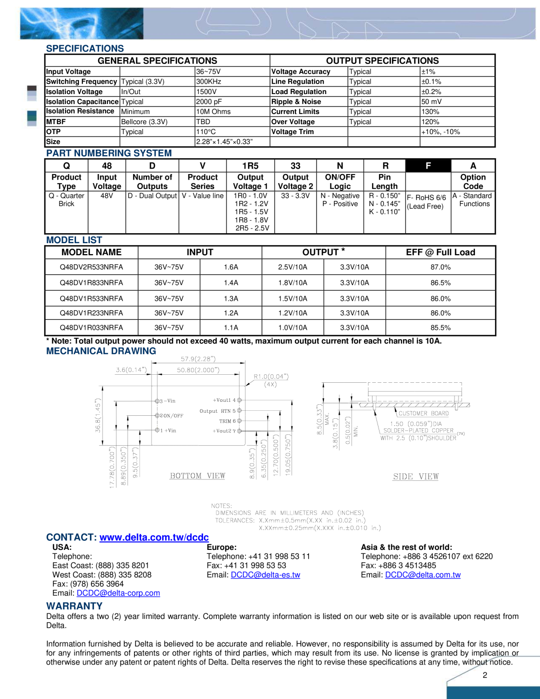 Delta Electronics Q48DV Warranty, System, Model List, Mechanical Drawing, General Specifications, Model Name, Input 