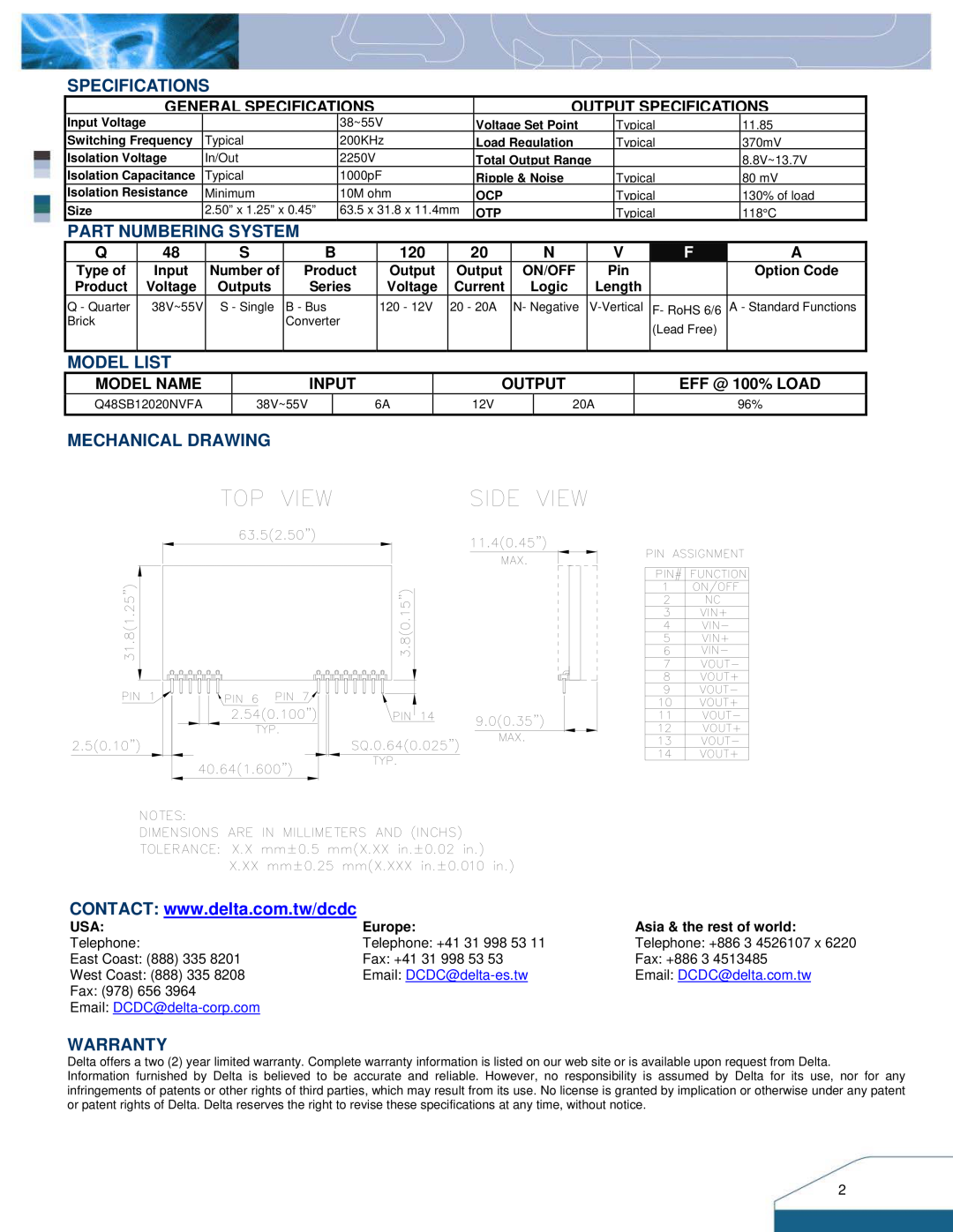 Delta Electronics Q48SB Specifications, Part Numbering System, Model List, Mechanical Drawing, Warranty, Model Name, Input 