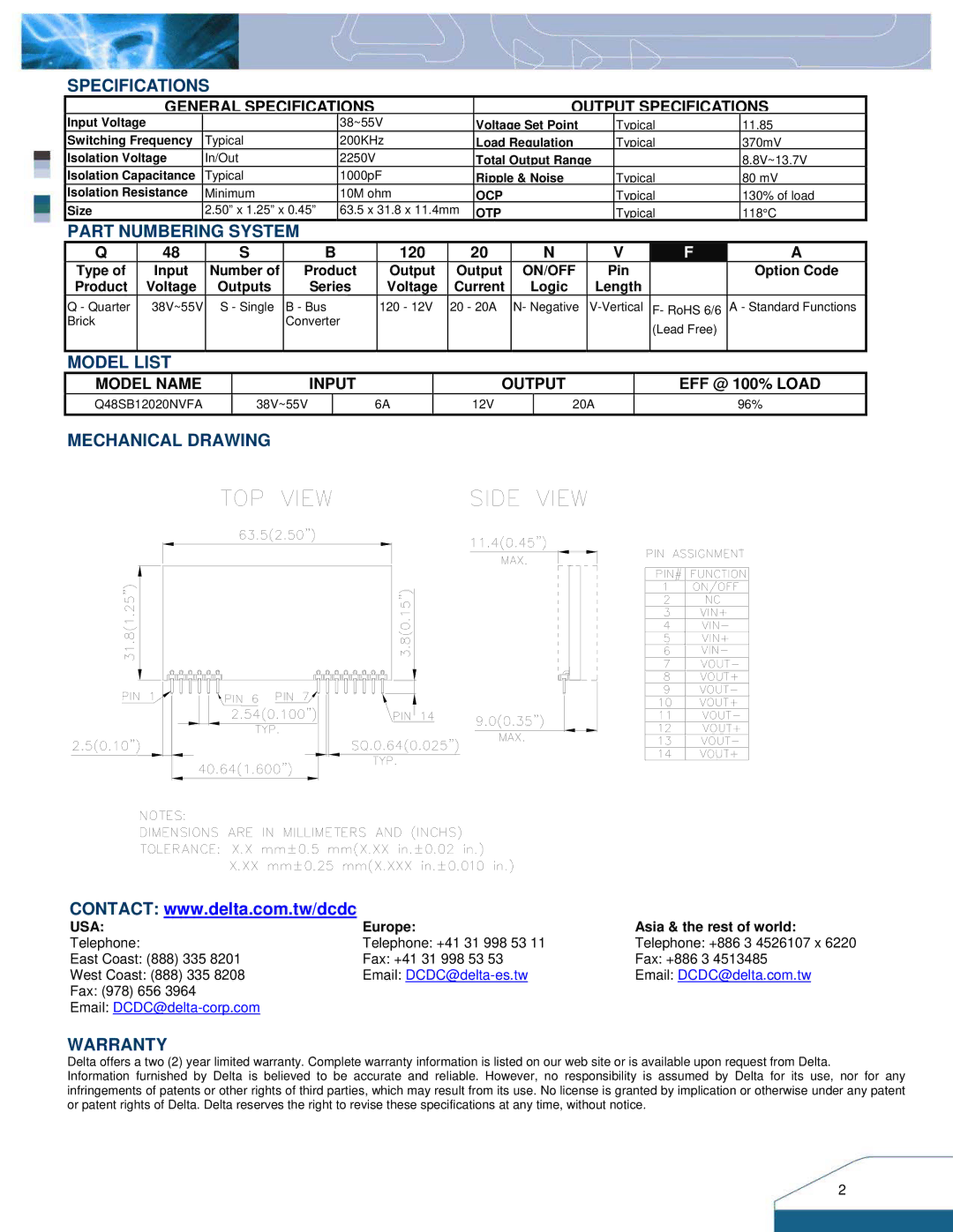 Delta Electronics Q48SB manual Specifications, Part Numbering System, Model List, Mechanical Drawing, Warranty 