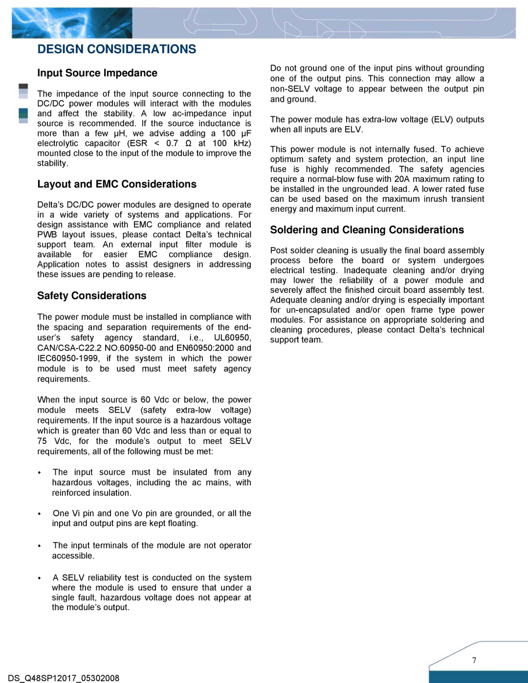 Delta Electronics Q48SP manual Design Considerations, Input Source Impedance 