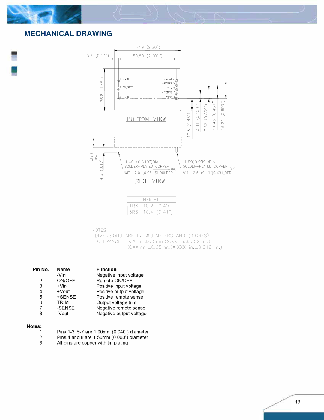 Delta Electronics Q48SR manual Mechanical Drawing, Pin No Name Function 