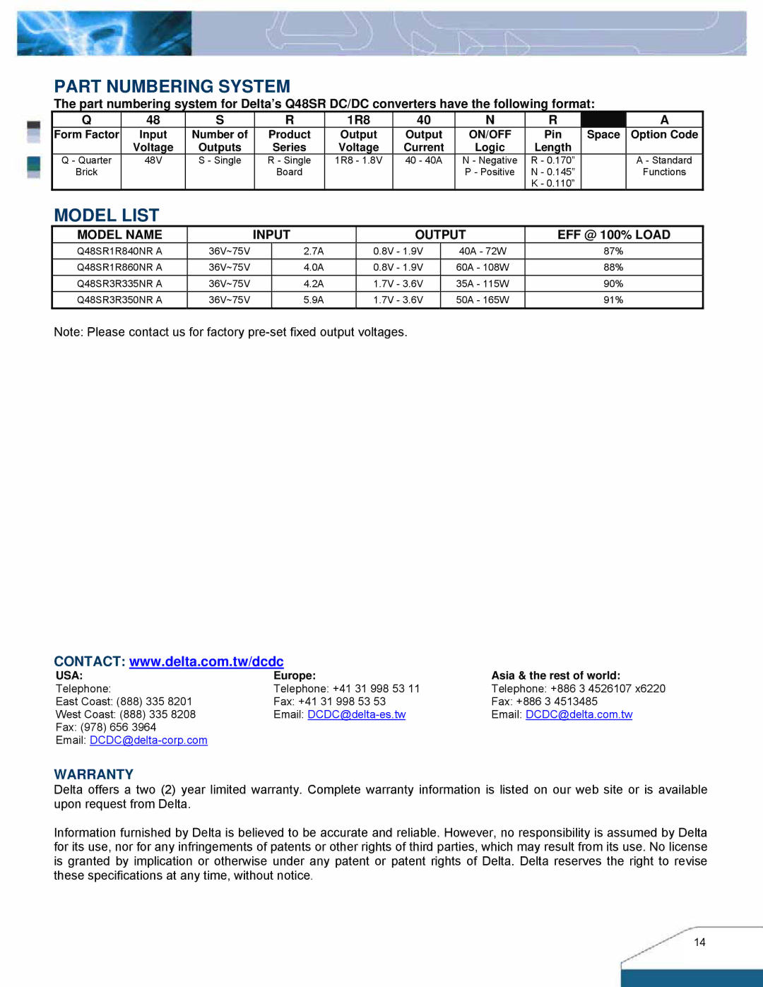 Delta Electronics Q48SR manual Part Numbering System, Model List 