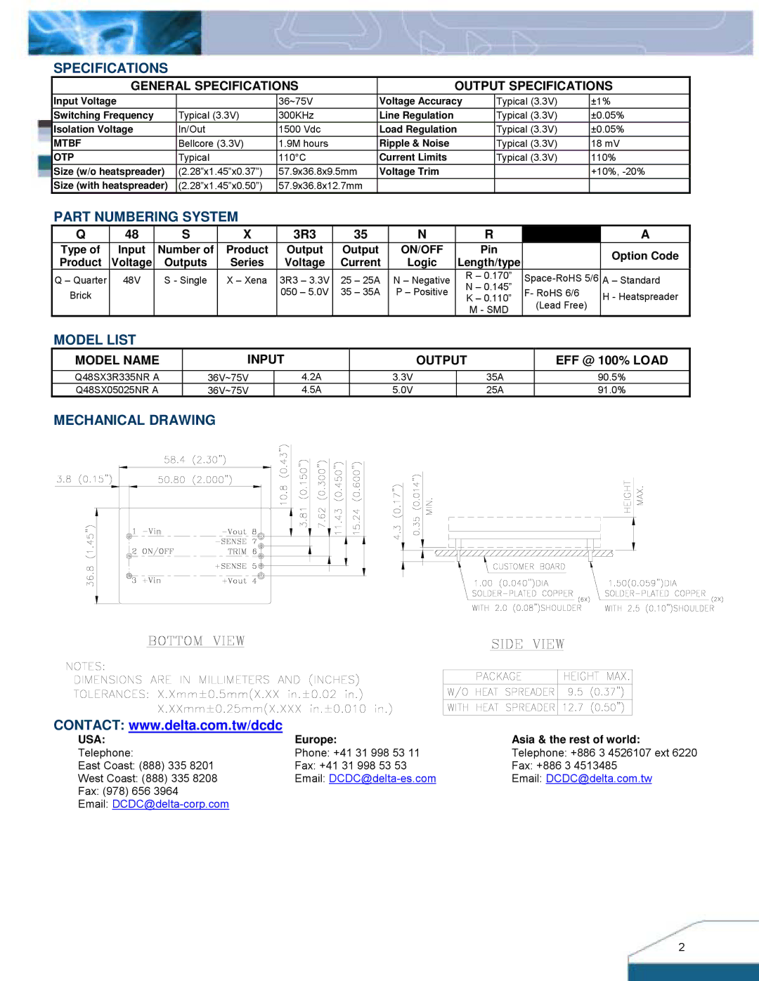 Delta Electronics Q48SX manual Specifications, Part Numbering System, Model List, Mechanical Drawing 