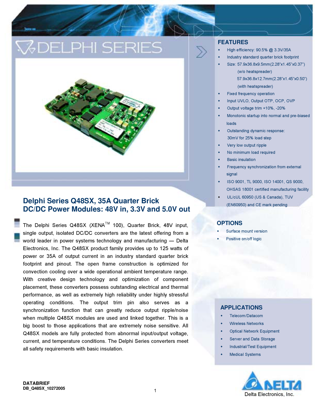 Delta Electronics manual Features, Options, Applications, Delphi Series Q48SX, 35A Quarter Brick 