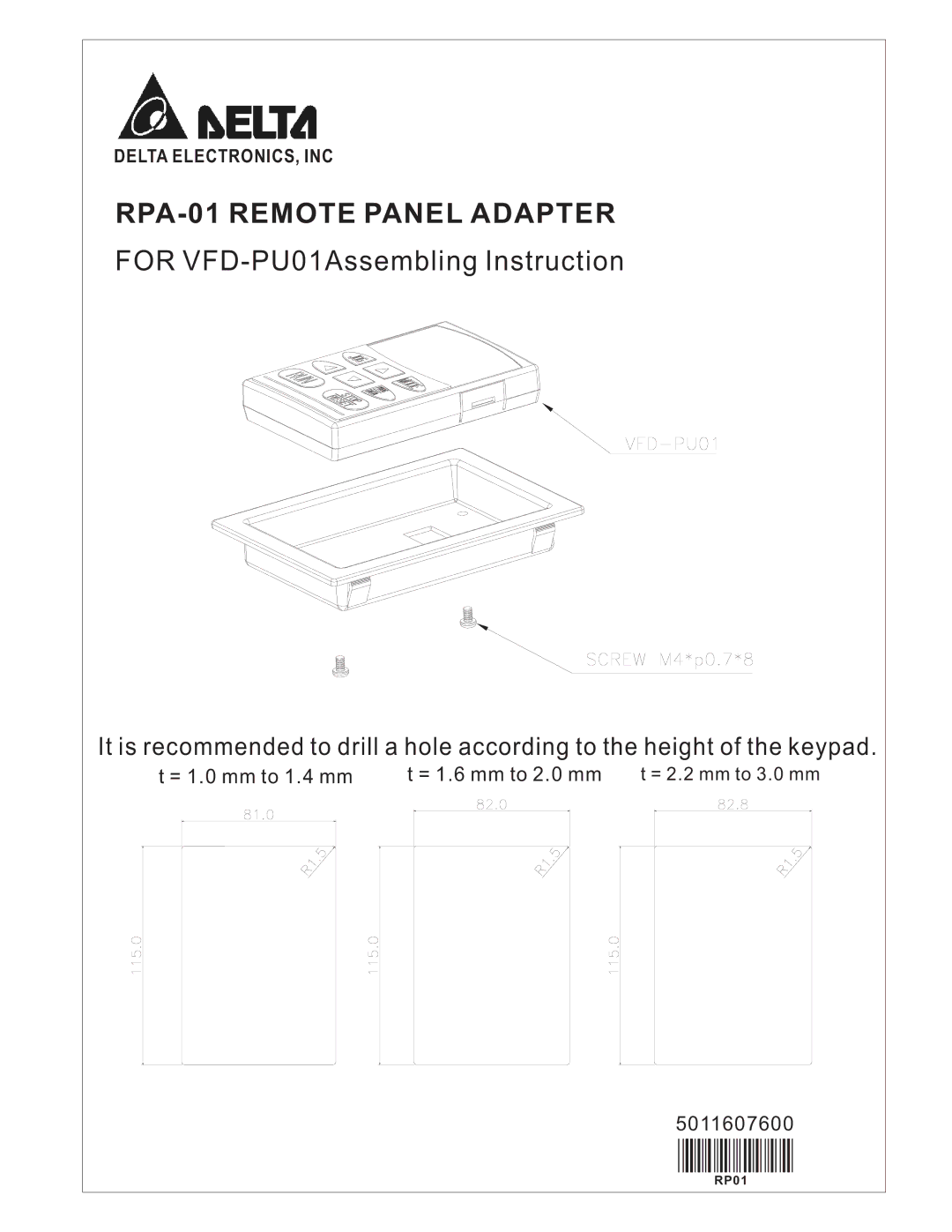 Delta Electronics manual RPA-01 Remote Panel Adapter, For VFD-PU01Assembling Instruction 