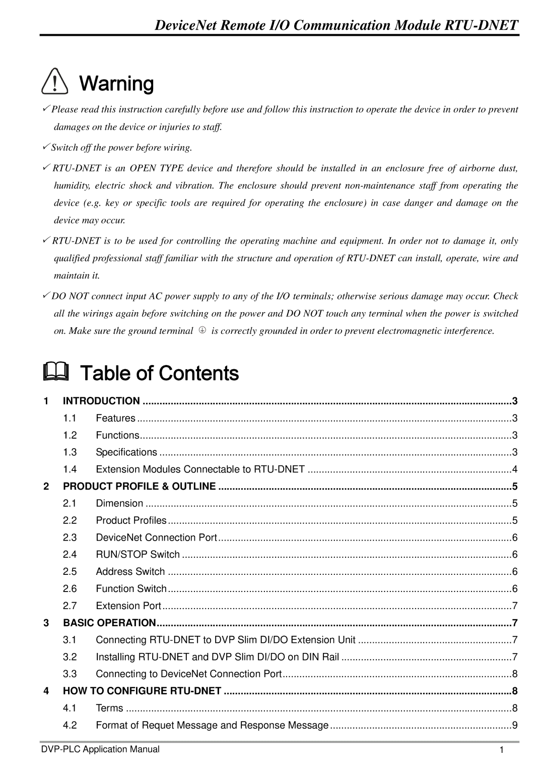 Delta Electronics RTU-DNET manual Table of Contents 