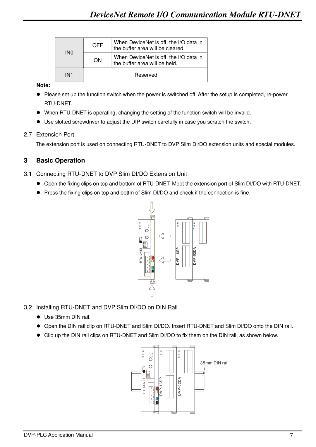 Delta Electronics RTU-DNET manual Basic Operation, IN0, IN1 