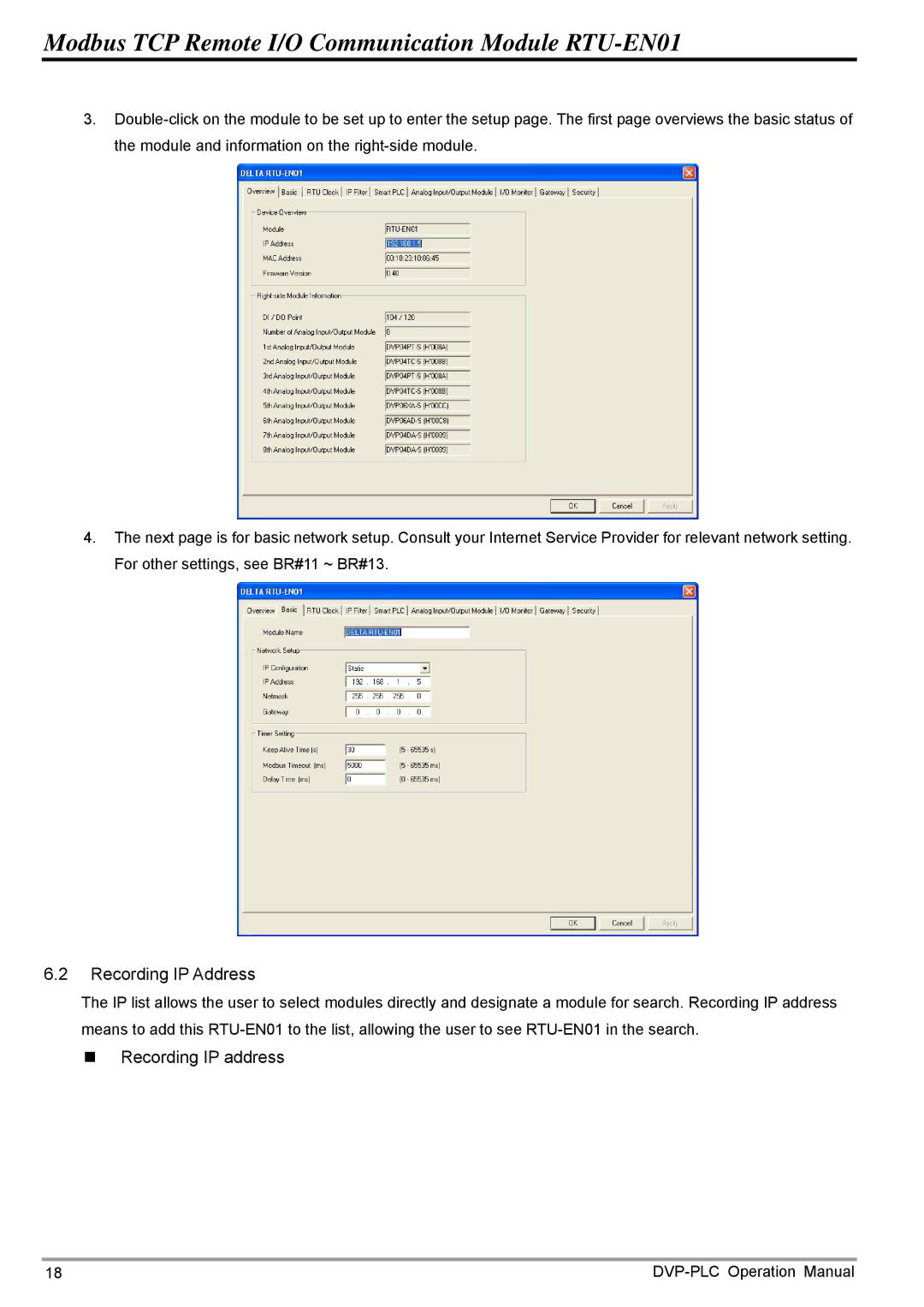 Delta Electronics RTU-EN01 operation manual Recording IP Address, „ Recording IP address 