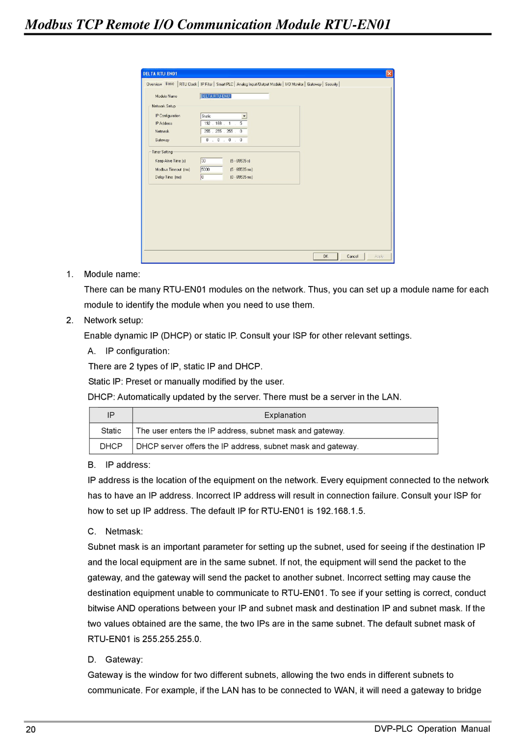 Delta Electronics RTU-EN01 operation manual Static User enters the IP address, subnet mask and gateway 