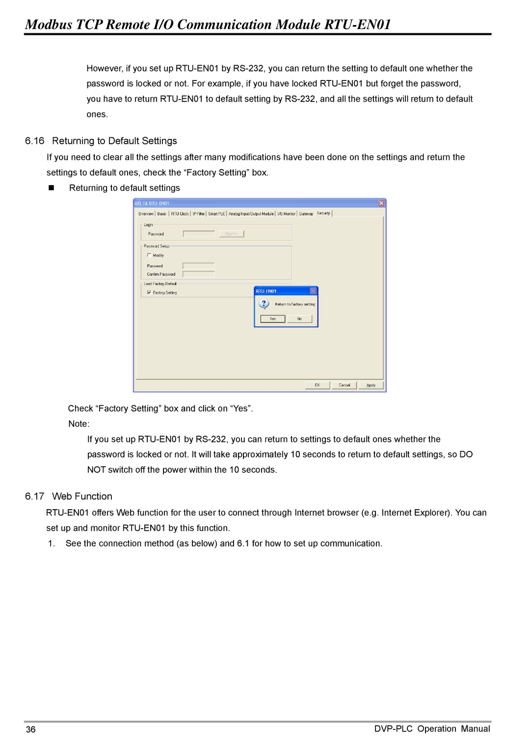 Delta Electronics RTU-EN01 operation manual Returning to Default Settings 