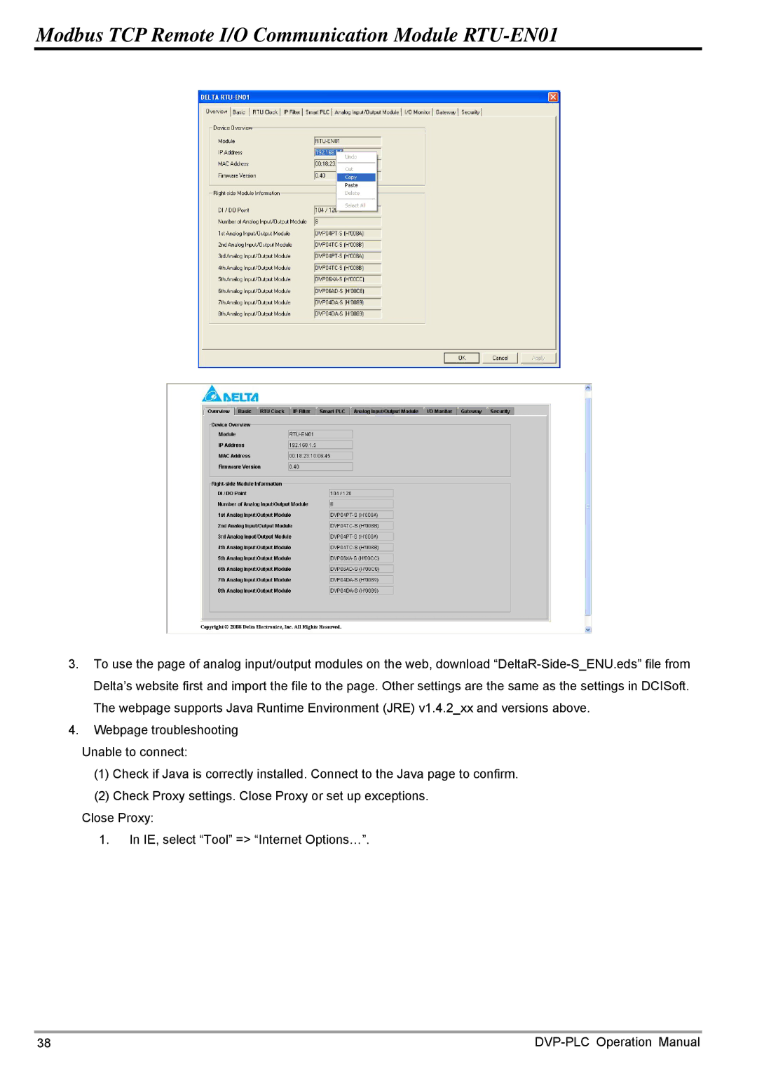 Delta Electronics operation manual Modbus TCP Remote I/O Communication Module RTU-EN01 