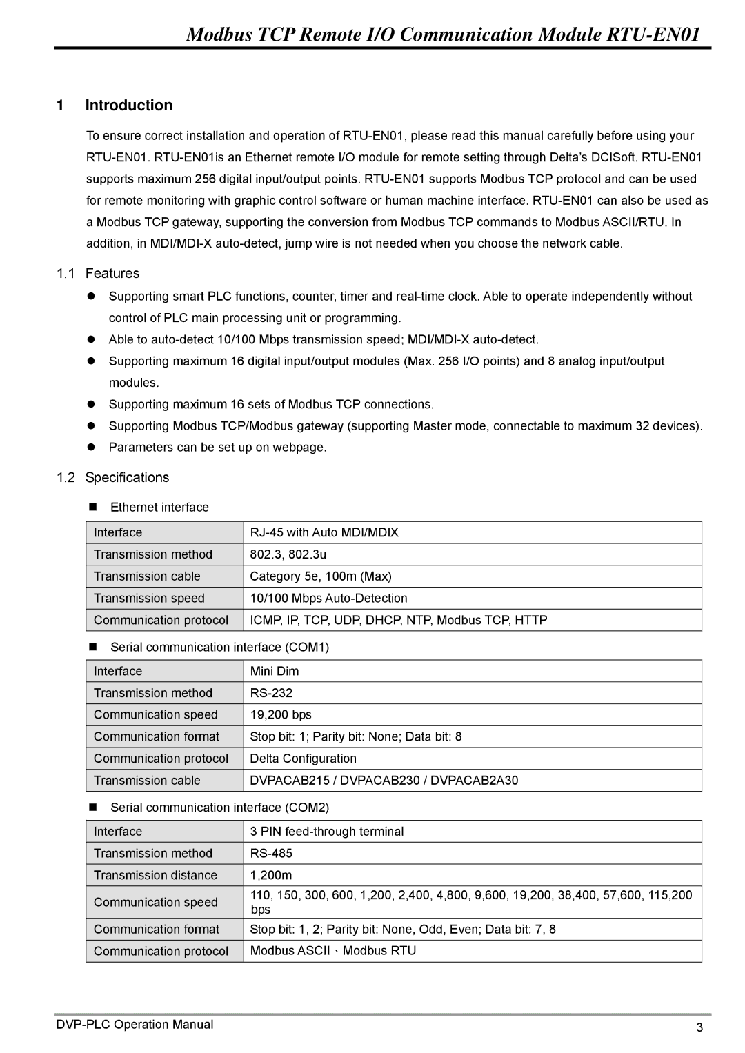 Delta Electronics RTU-EN01 operation manual Introduction, Specifications 