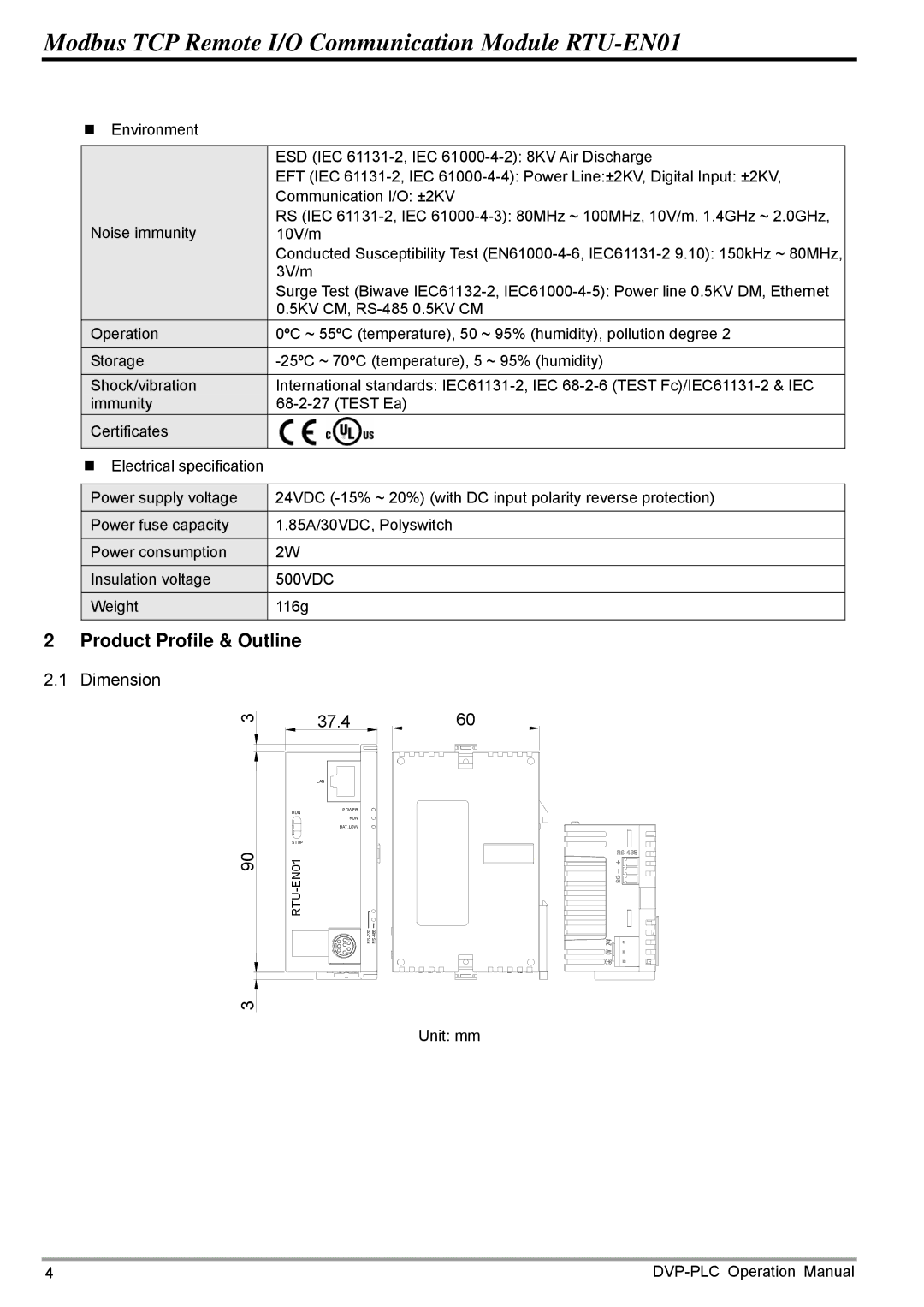 Delta Electronics RTU-EN01 operation manual Dimension 37.460 