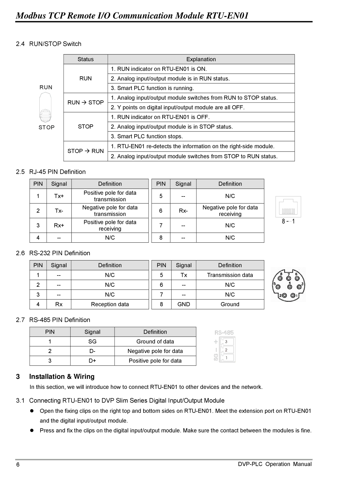 Delta Electronics RTU-EN01 operation manual RUN/STOP Switch, RJ-45 PIN Definition 