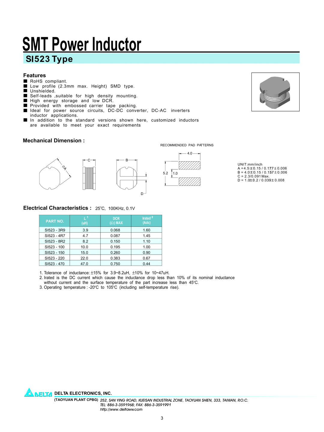 Delta Electronics S 523 manual SMT Power Inductor, SI523 Type, Features, Mechanical Dimension, Delta Electronics, Inc 