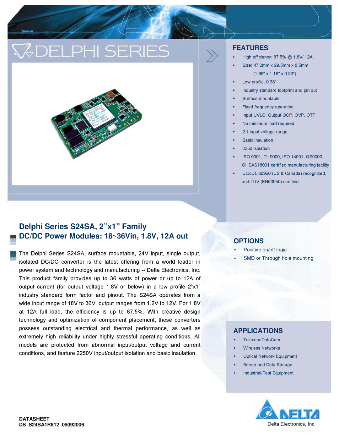 Delta Electronics manual Delphi Series S24SA, 2x1 Family 