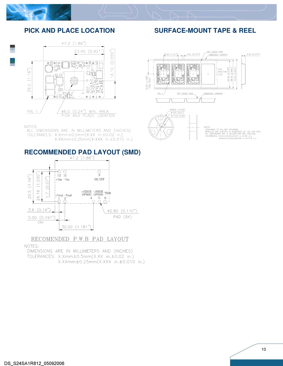 Delta Electronics S24SA manual Pick and Place Location, Recommended PAD Layout SMD 