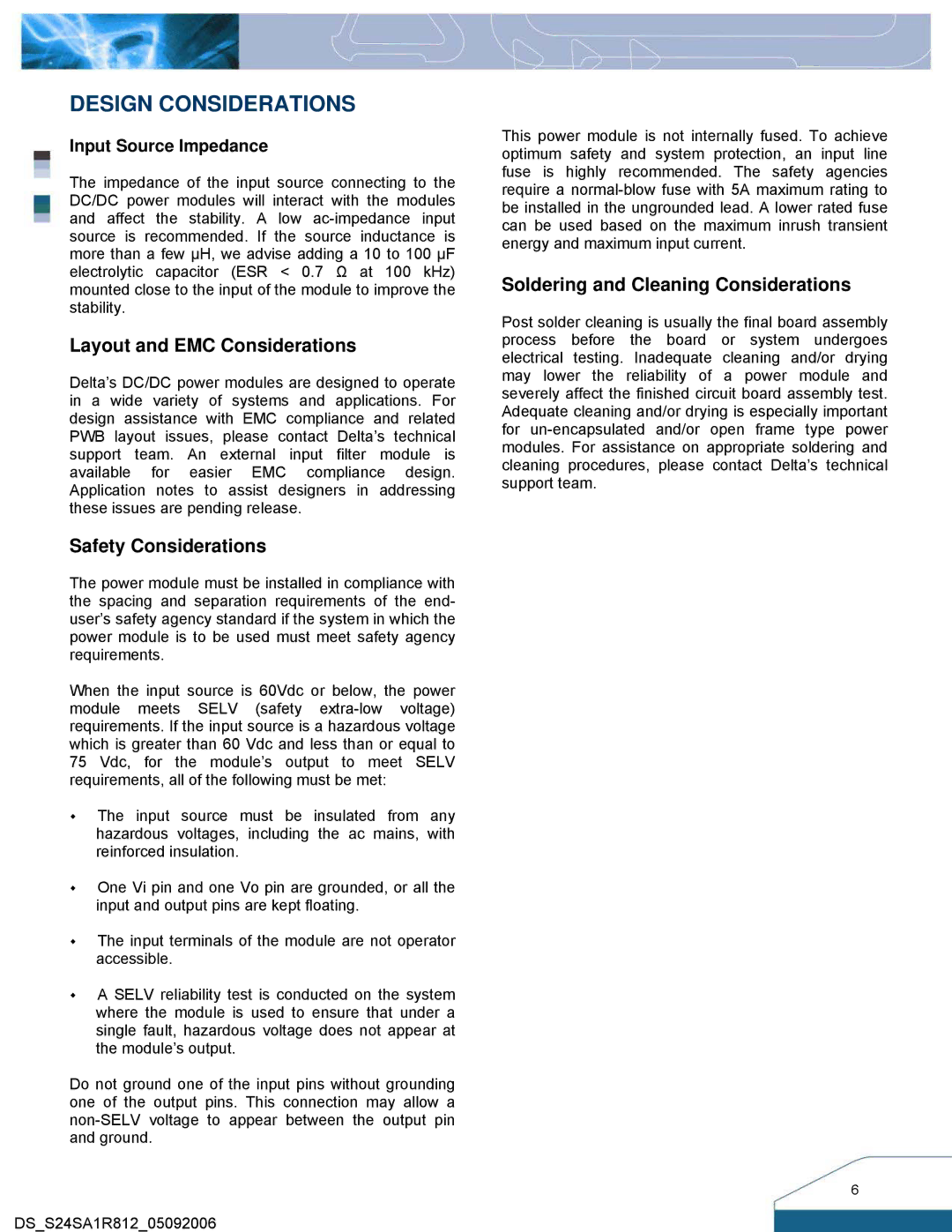 Delta Electronics S24SA manual Design Considerations, Layout and EMC Considerations, Safety Considerations 