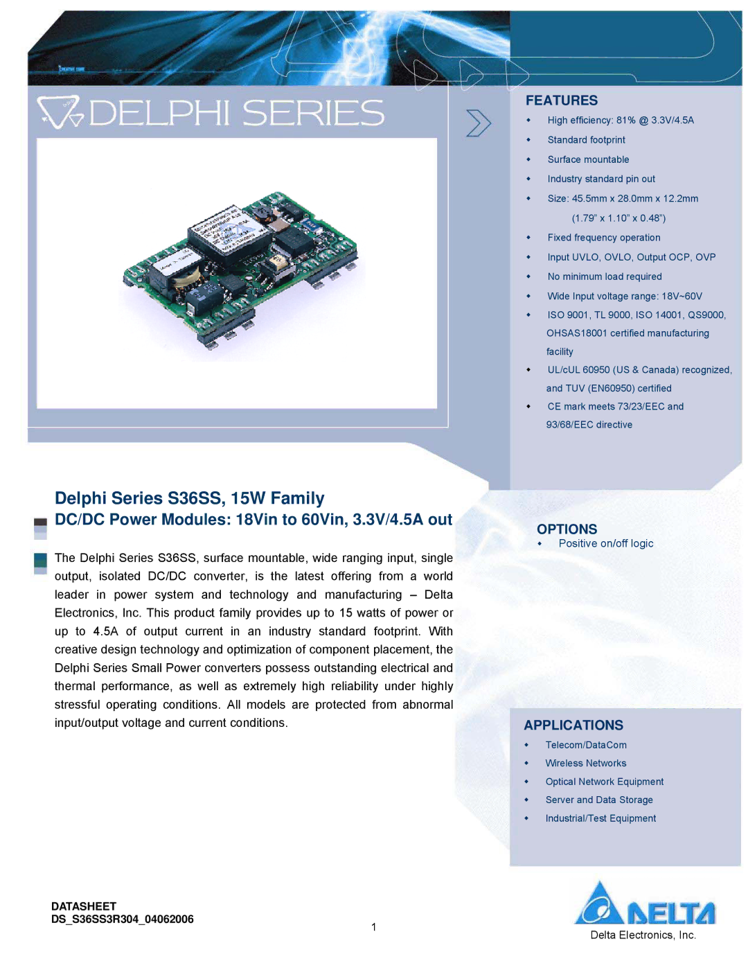 Delta Electronics manual Delphi Series S36SS, 15W Family 