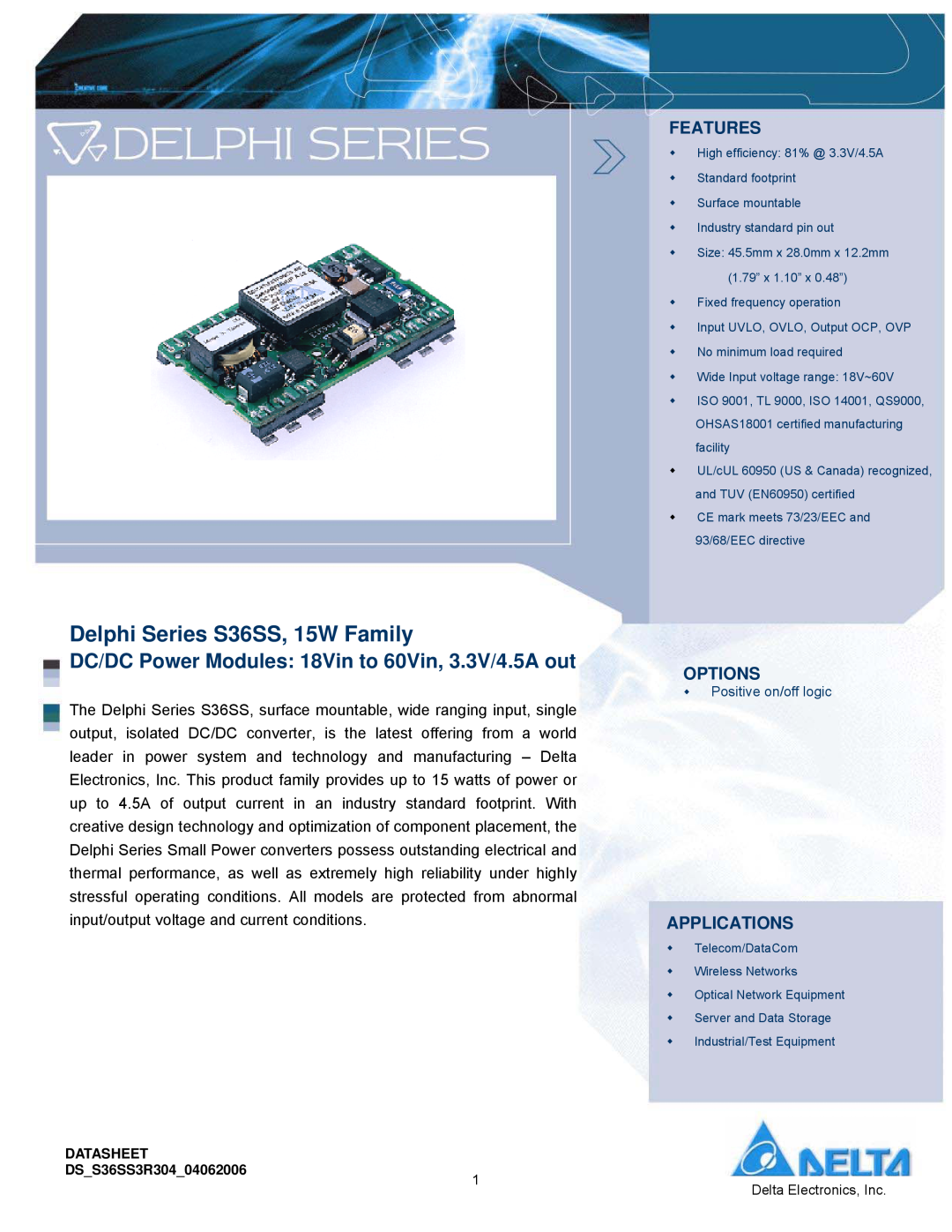 Delta Electronics manual Delphi Series S36SS, 15W Family, Features, Options, Applications 
