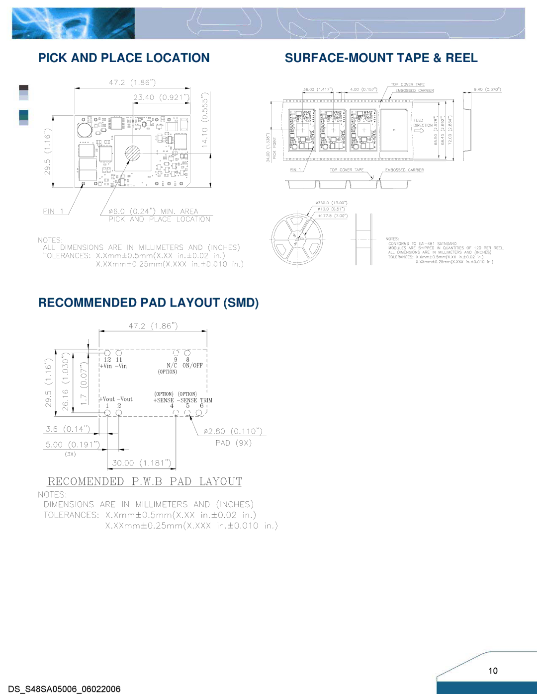 Delta Electronics S48SA manual Pick and Place Location, Recommended PAD Layout SMD 