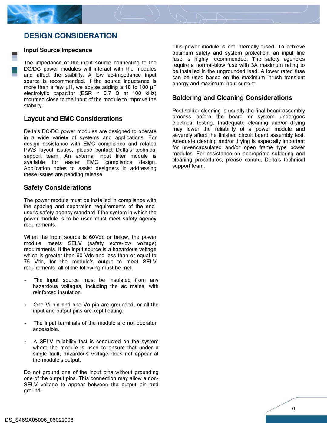 Delta Electronics S48SA manual Design Consideration, Input Source Impedance 