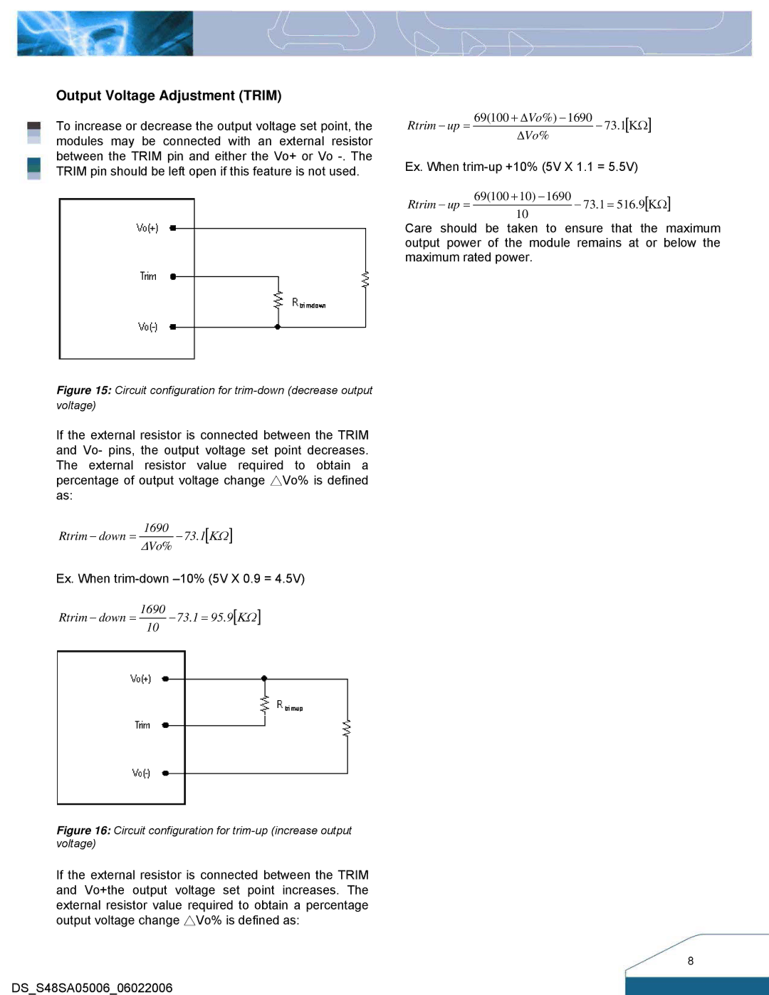 Delta Electronics S48SA manual Output Voltage Adjustment Trim, Circuit configuration for trim-down decrease output voltage 