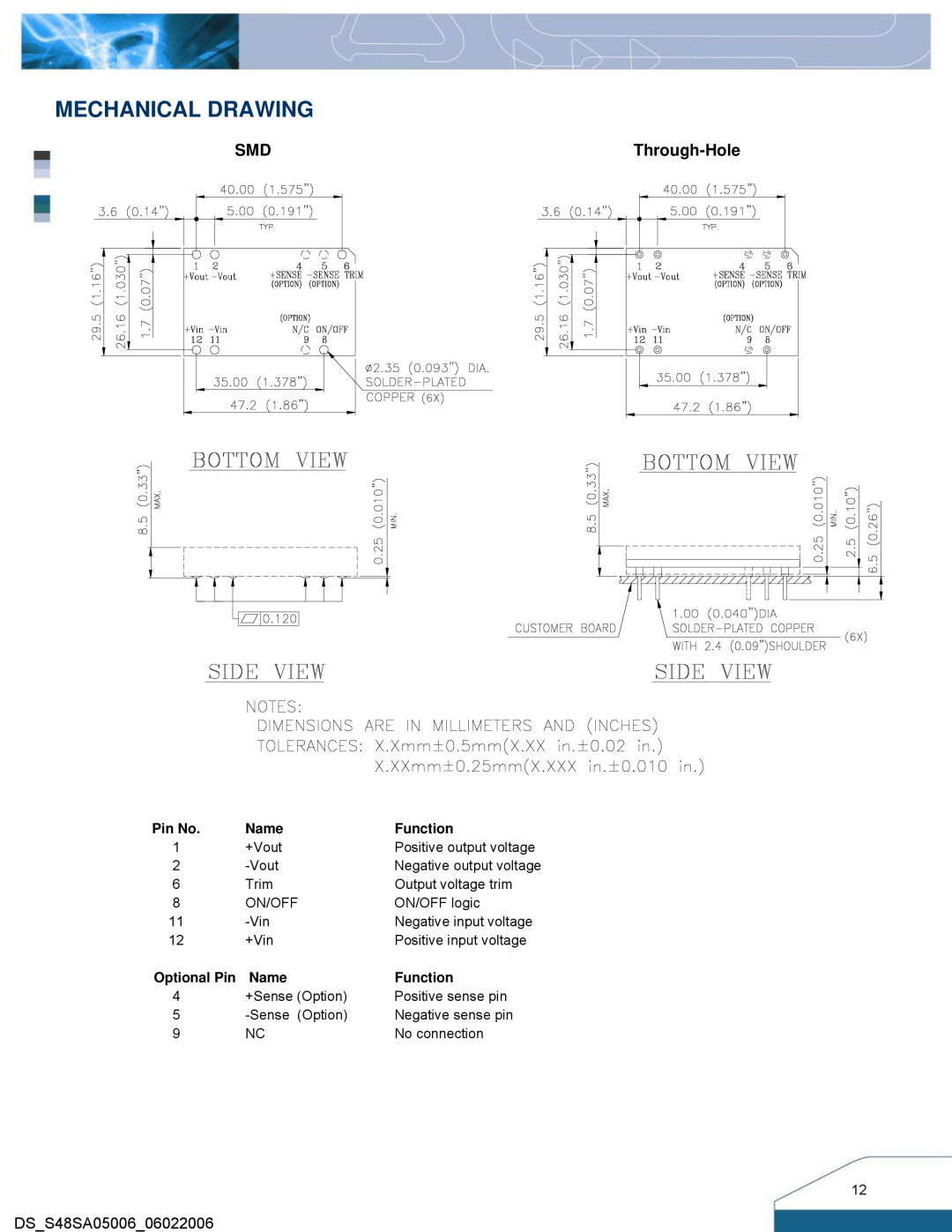 Delta Electronics S48SA manual Mechanical Drawing, Through-Hole 