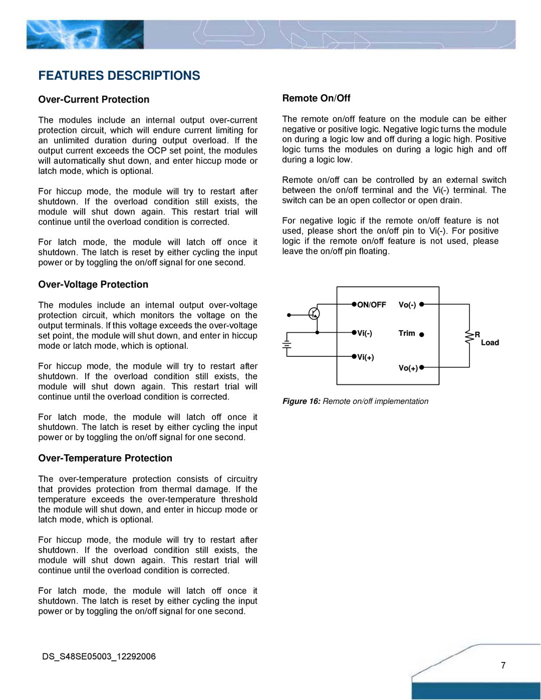 Delta Electronics S48SE manual Features Descriptions, Over-Current Protection, Remote On/Off, Over-Voltage Protection 