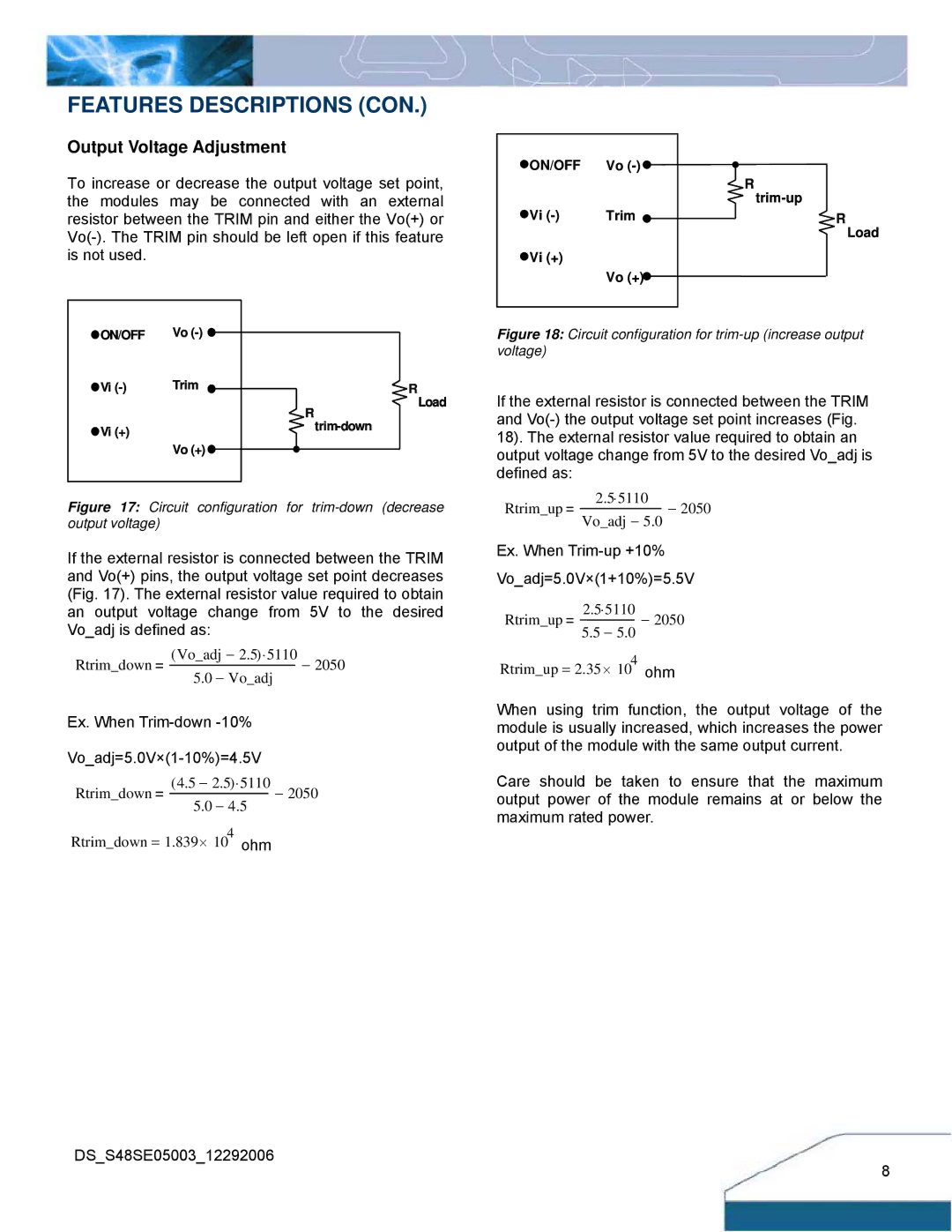 Delta Electronics S48SE manual Features Descriptions CON, Output Voltage Adjustment 