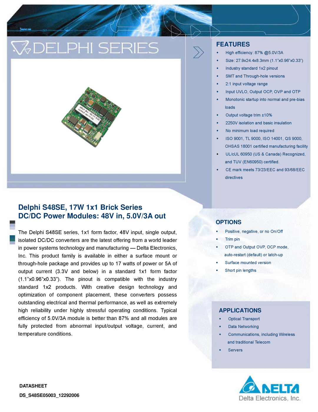 Delta Electronics S48SE manual Options, Applications, Features 