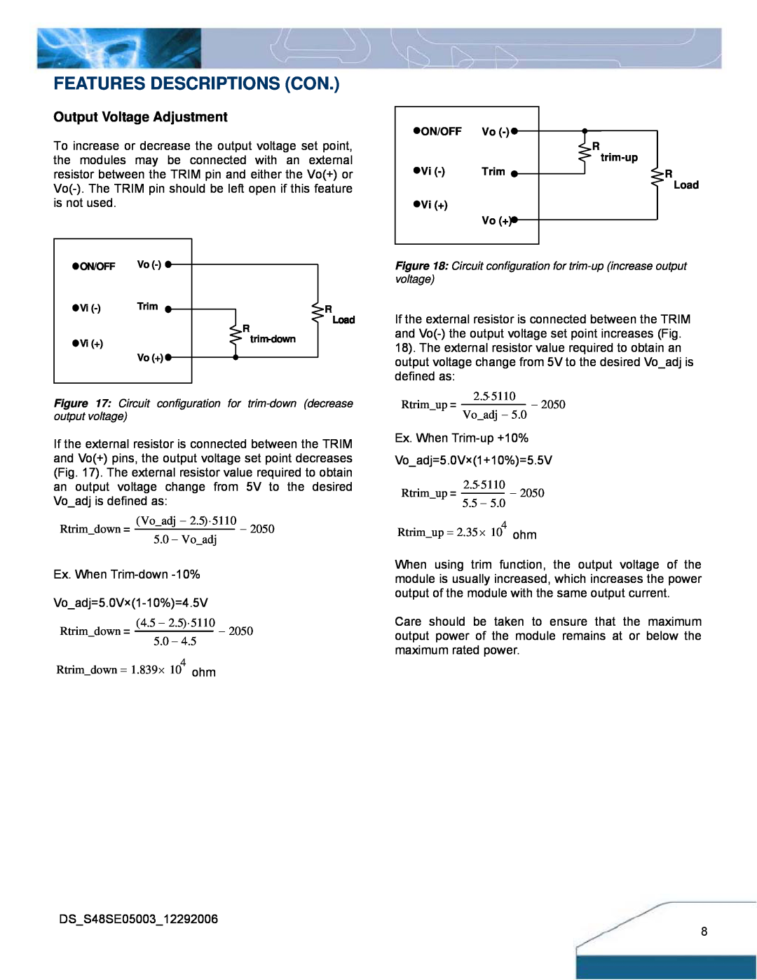 Delta Electronics S48SE manual Features Descriptions Con, Output Voltage Adjustment 