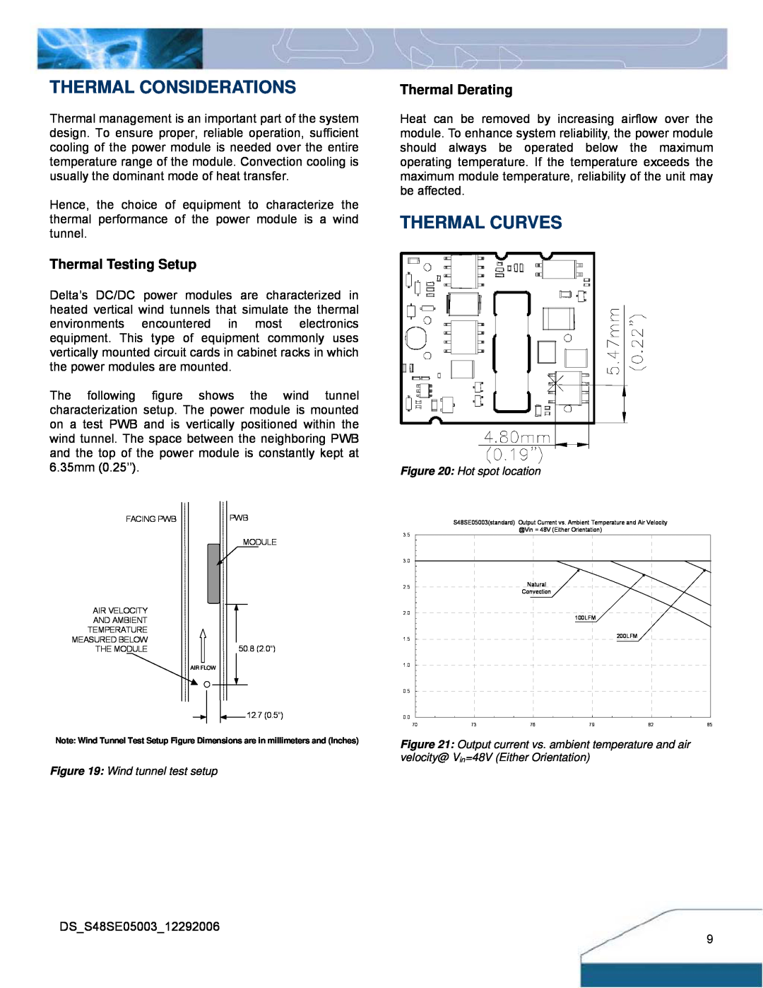 Delta Electronics S48SE manual Thermal Considerations, Thermal Curves, Thermal Testing Setup, Thermal Derating 