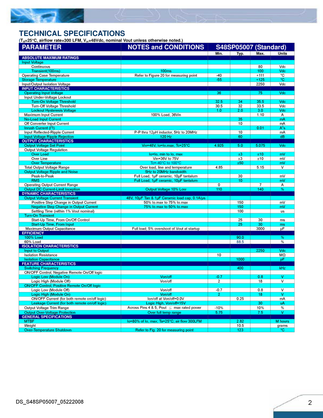 Delta Electronics S48SP manual Technical Specifications, Parameter 