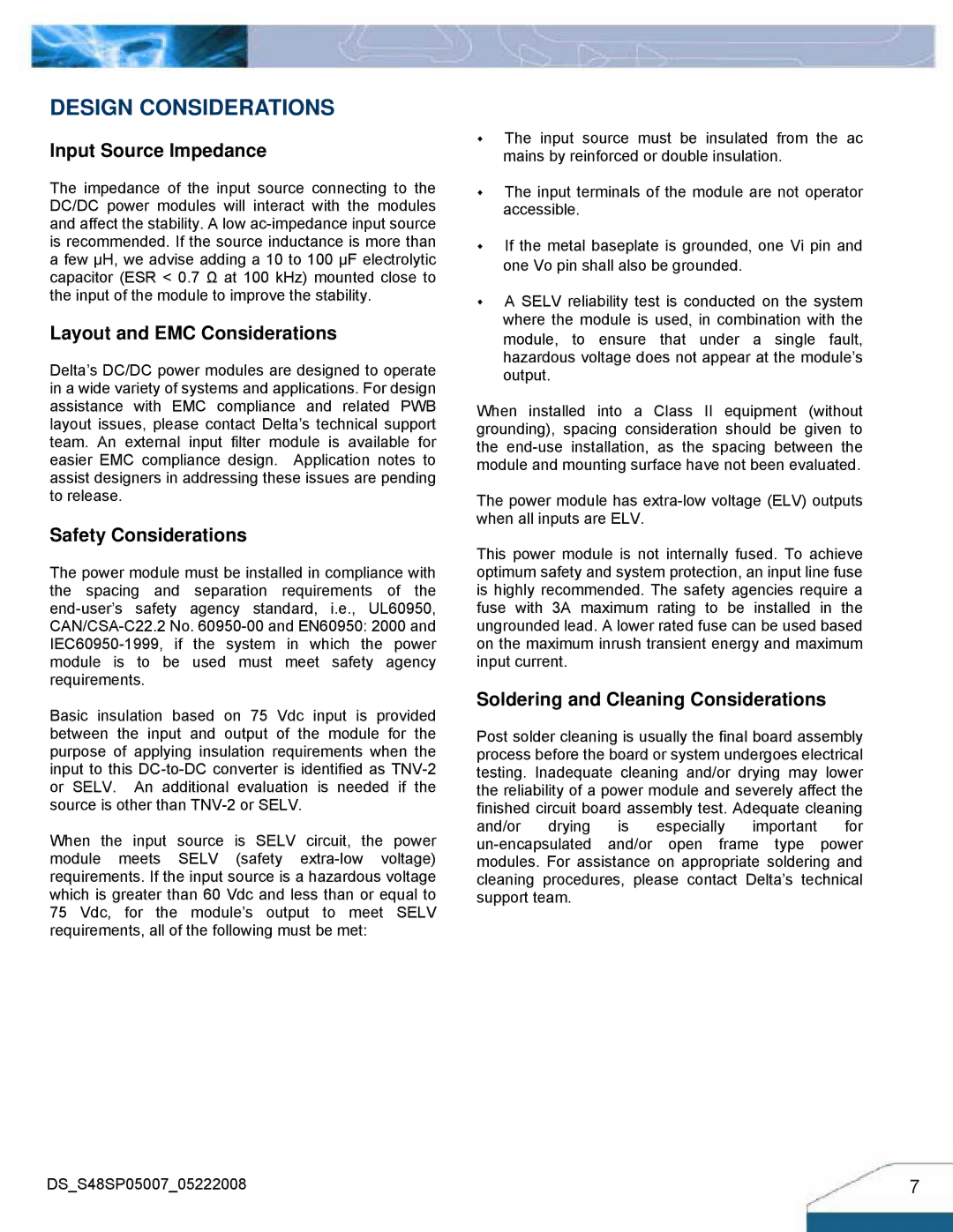 Delta Electronics S48SP manual Design Considerations, Input Source Impedance, Layout and EMC Considerations 