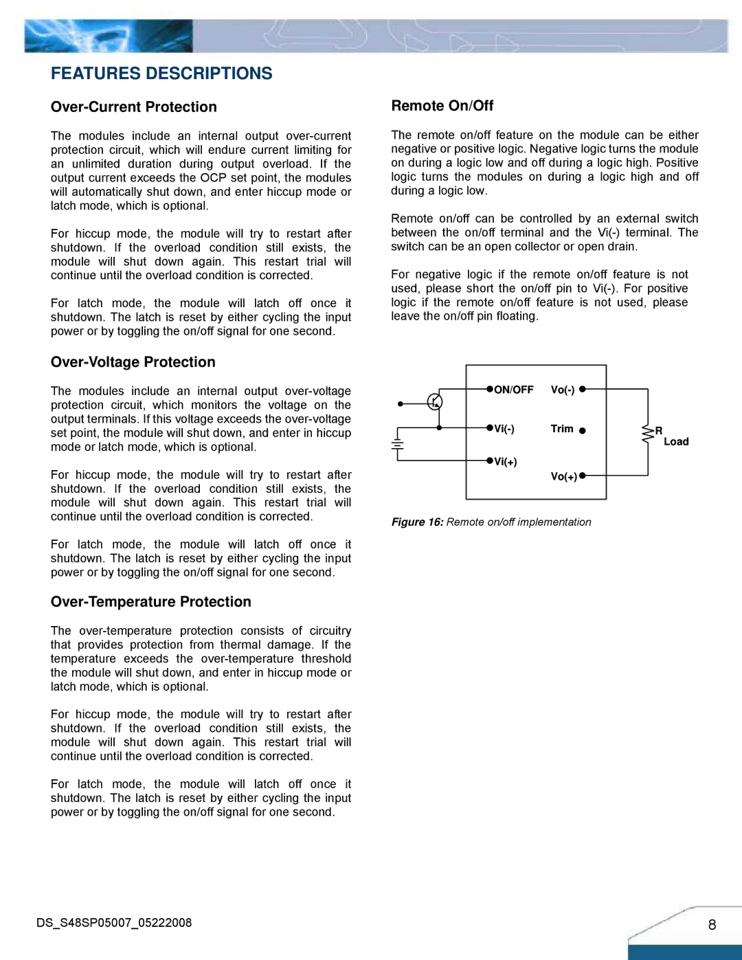 Delta Electronics S48SP manual Features Descriptions, Over-Current Protection, Remote On/Off, Over-Voltage Protection 