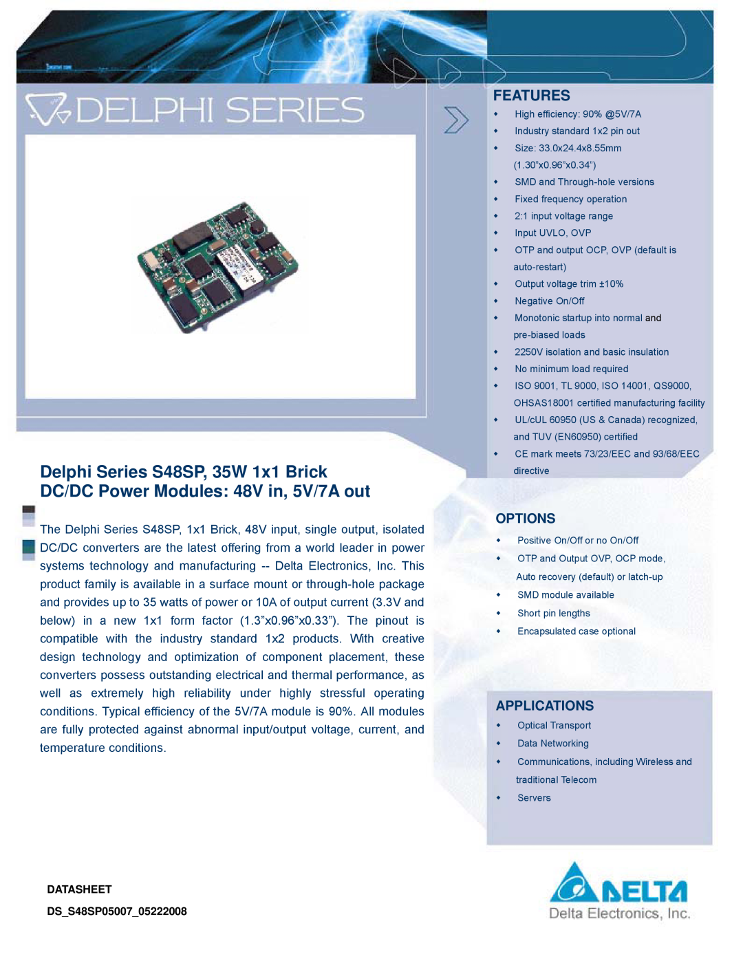 Delta Electronics S48SP manual Options, Applications, Features 