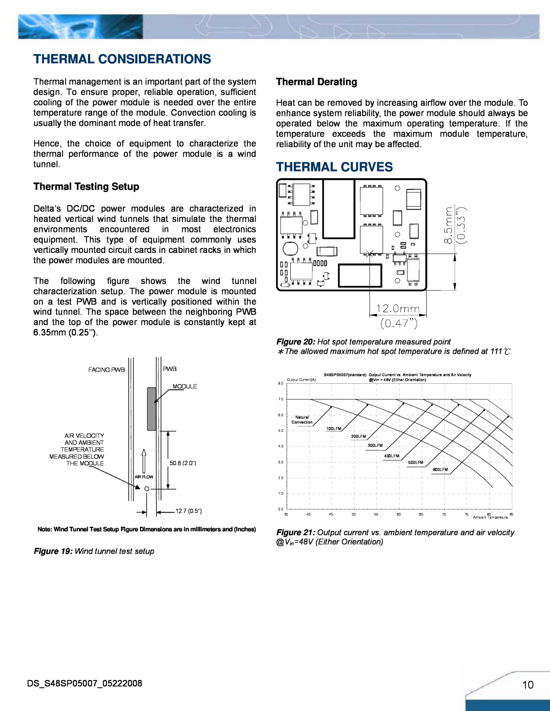 Delta Electronics S48SP manual Thermal Considerations, Thermal Curves, Thermal Testing Setup, Thermal Derating 