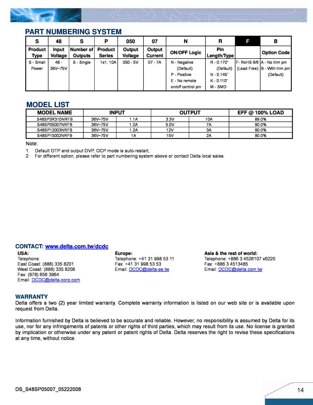 Delta Electronics S48SP manual Part Numbering System, Model List, Warranty, Model Name, Input, Output, EFF @ 100% LOAD 